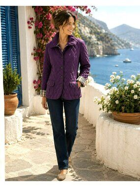 Burberry Womens Quilted Purple Jacket XLButton Closure Plaid-Lined Collar/Cuffs